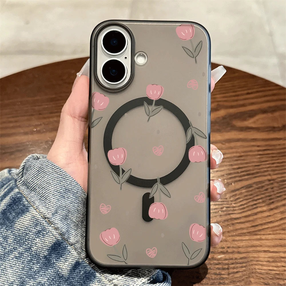 Pink Tulip Heart Tiny Dot Print Wireless Charging Phone Case For Magsafe iPhone