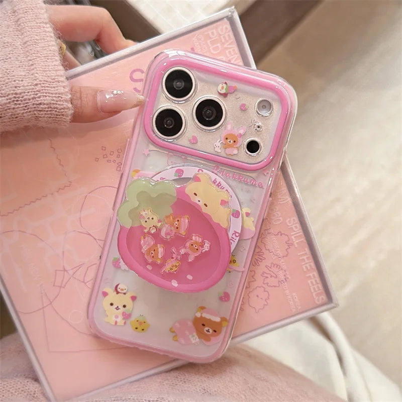 Cute Strawberry Bear Phone Case For iPhone With Magnetic Grip Stand Shockproof