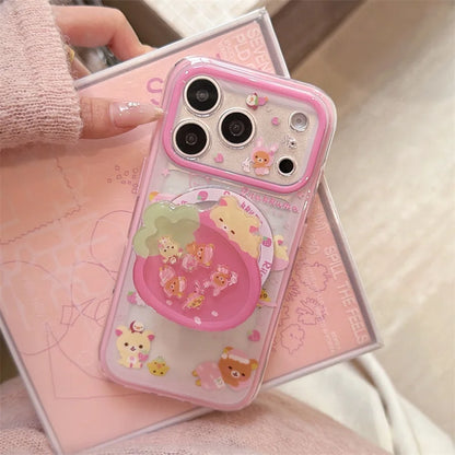 Cute Strawberry Bear Phone Case For iPhone With Magnetic Grip Stand Shockproof