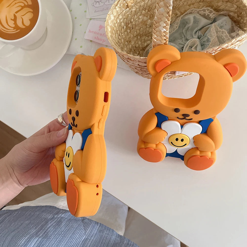 Kawaii 3D Cartoon Floral Teddy Bear Soft Silicone Case For iPhone