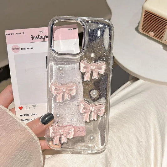 Korean Cute 3D Pink Bowknot Pearl Clear Phone Case For iPhone Shockproof Transparent Cover