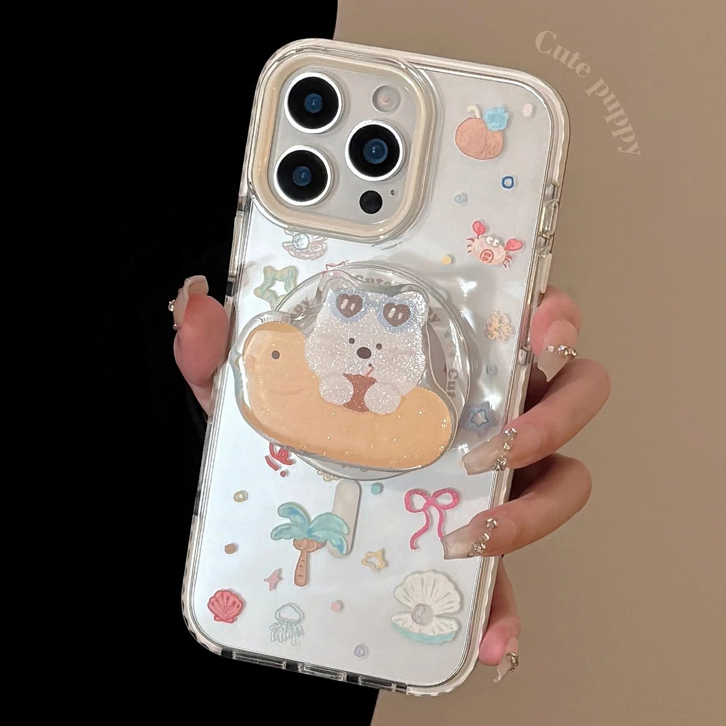 Summer Style Cute Cartoon Glitter Puppy Bracket Magnetic Phone Case For iPhone