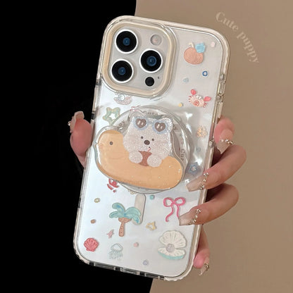 Summer Style Cute Cartoon Glitter Puppy Bracket Magnetic Phone Case For iPhone