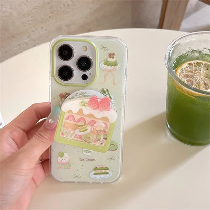 Cute Matcha Cake Magnetic Stand Phone Case For iPhone Magsafe Holder Grip Cases Funda