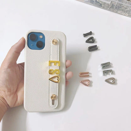 Holding Strap Personalised Custom Name Gold Metal Letters Leather Phone Case For Iphone