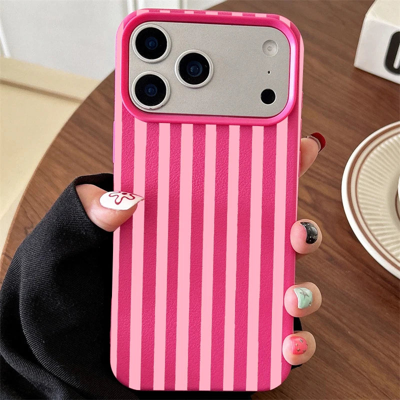 Pink Black Vertical Stripe Leather Texture Phone Case For iPhone
