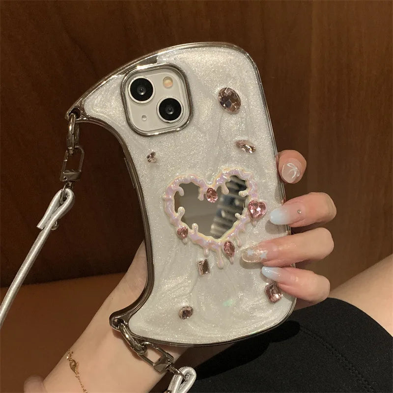 Luxury 3D Glitter Gemstone Love Heart Mirror Phone Case For iPhone