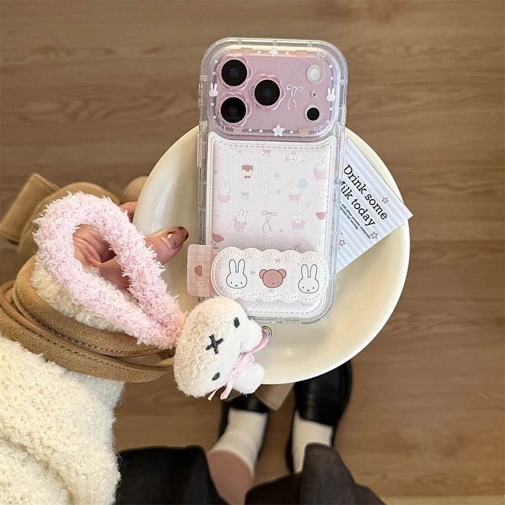 Kawaii Bear Rabbit Phone Case With Stand For iPhone Cases With Plush Pendant Cartoon Fundas Cute Case