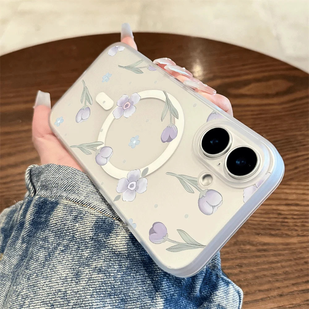 Tulip Floral Tiny Dot Print Wireless Charging Phone Case For iPhone