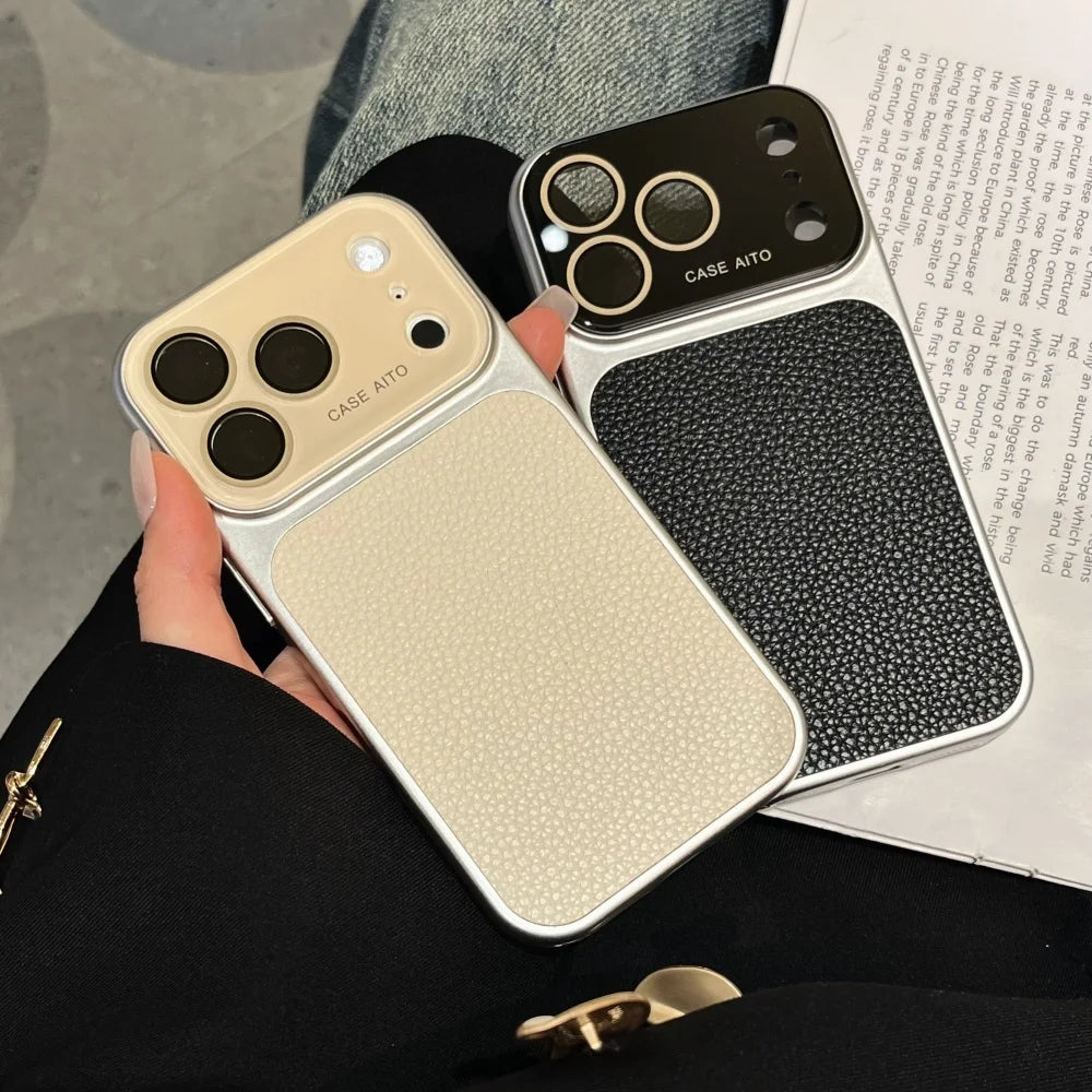 Creative Large Window Color Blocking PU Leather Case For iPhone Glass Lens Protective Cover Fundas