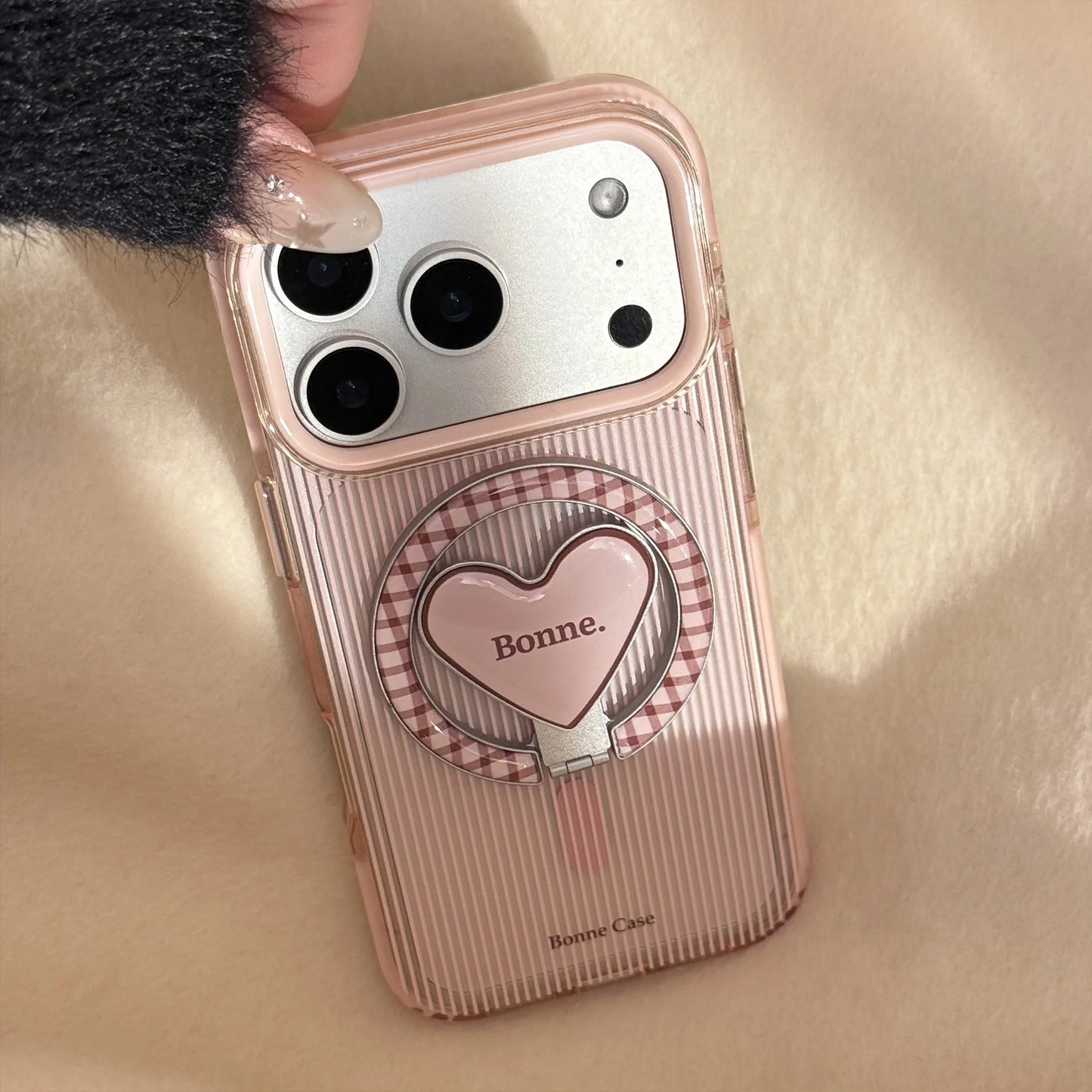 Korean Pink Striped With Plaid Love Heart Bracket Magnetic Phone Case For iPhone