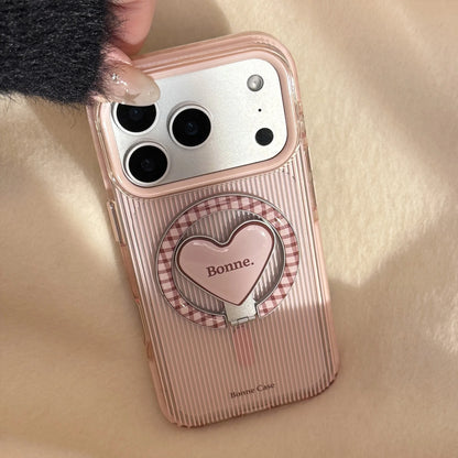 Korean Pink Striped With Plaid Love Heart Bracket Magnetic Phone Case For iPhone