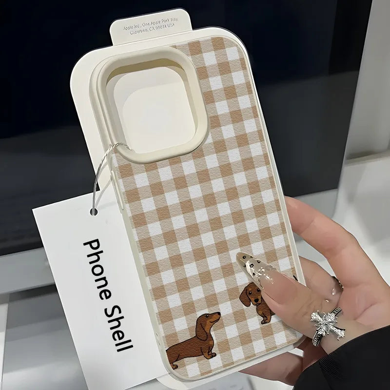 Dachshund Plaid Phone Case For iPhone Brown Checkerboard Two Dogs Design Leather Soft Cover