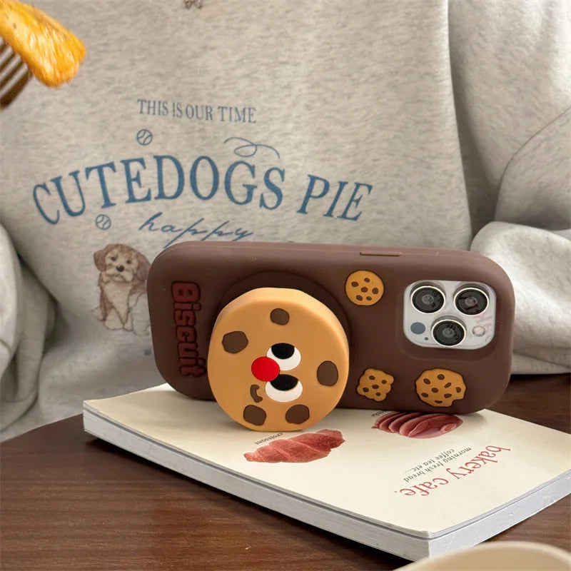 3D Cute Cartoon Chocolate Cookies Bracket Soft Silicone Phone Case For iPhone