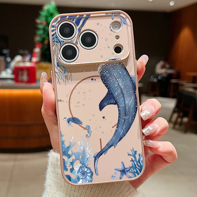 Whale Patterned Magnetic Case For iPhone For Magsafe Wireless Charge Shockproof Lens Protect Phone Cover