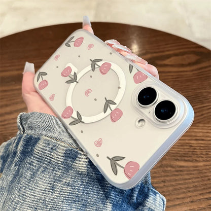 Pink Tulip Heart Tiny Dot Print Wireless Charging Phone Case For Magsafe iPhone