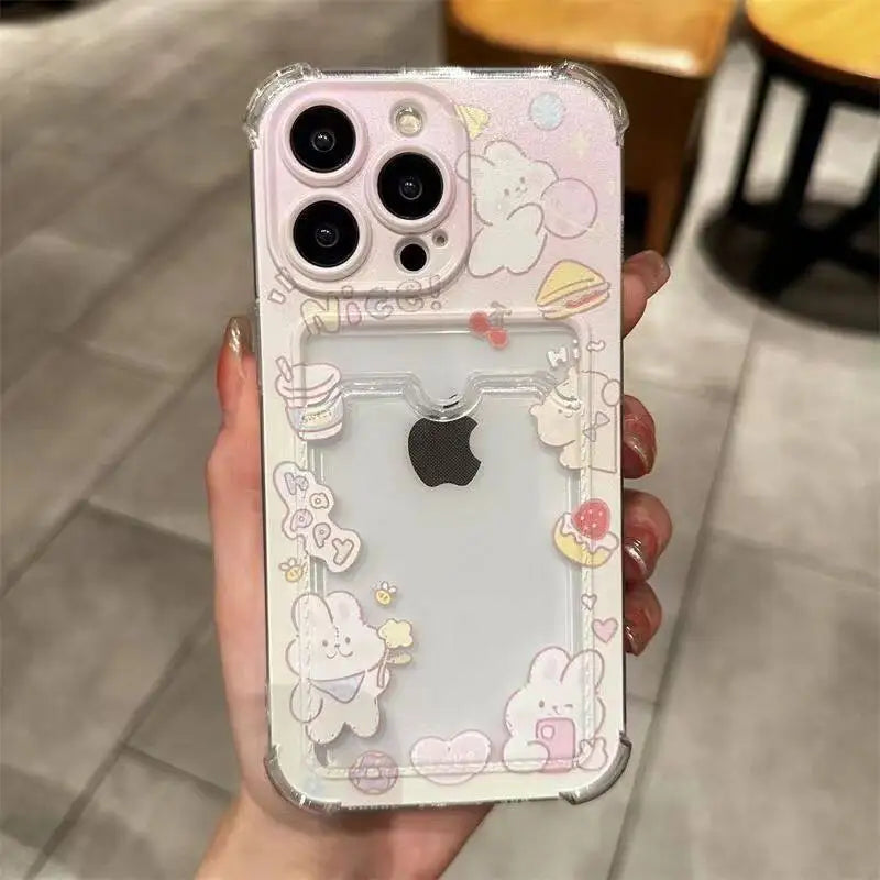 INS Korean Cute Pink Rabbit Card Slot Bag Holder Phone Case For iPhone