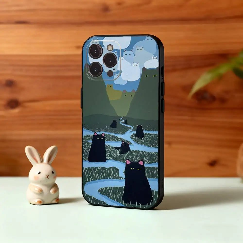 Cute Art Cat iPhone Case – Soft Black Silicone Cover