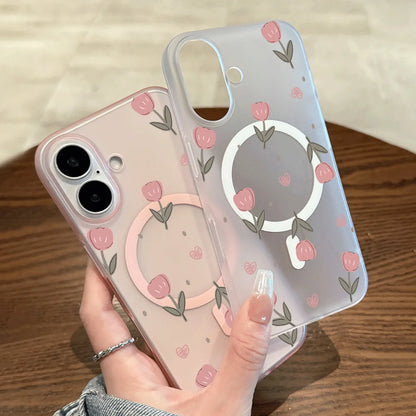 Pink Tulip Heart Tiny Dot Print Wireless Charging Phone Case For Magsafe iPhone