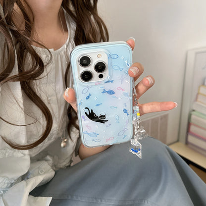 Cute Dreamy Gradient Blue Fish & Astronaut Cat Phone Case with Dangle For iPhone