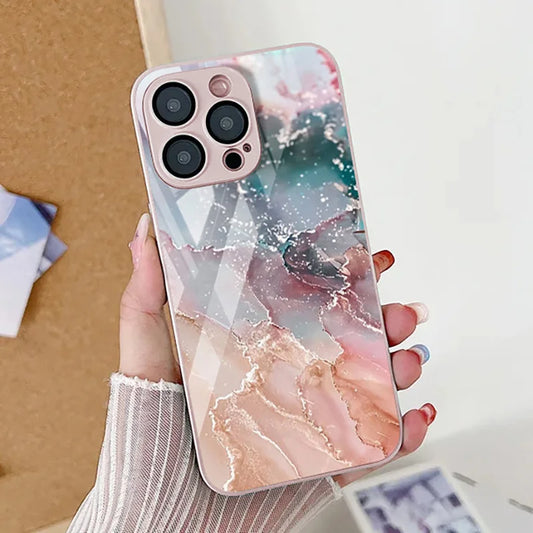 Elegant Marble Pattern iPhone Case With Tempered Glass Cover