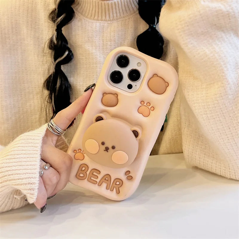 3D Cute Cartoon Bear Telescopic Bracket Phone Case For iPhone