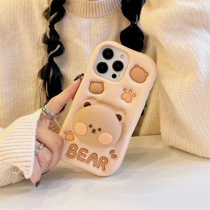 3D Cute Cartoon Bear Telescopic Bracket Phone Case For iPhone