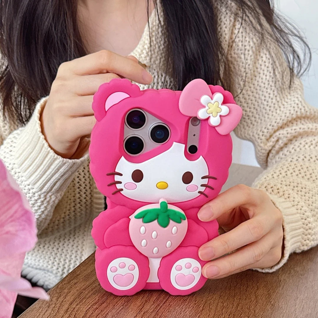 Korea Cute Bowknot Strawberries Sanrio Kitty Cat 3D Silicone Soft Phone Case For iPhone