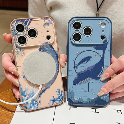 Whale Patterned Magnetic Case For iPhone For Magsafe Wireless Charge Shockproof Lens Protect Phone Cover