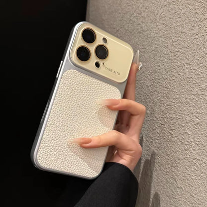 Creative Large Window Color Blocking PU Leather Case For iPhone Glass Lens Protective Cover Fundas