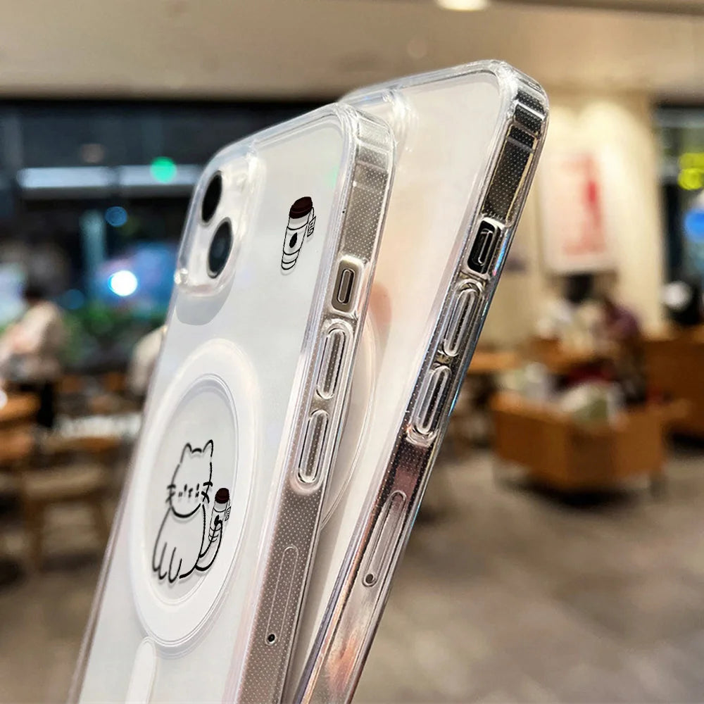 Cute Cat For Magsafe Wireless Charger Case For iPhone Magnetic Shockproof Clear Phone Cover