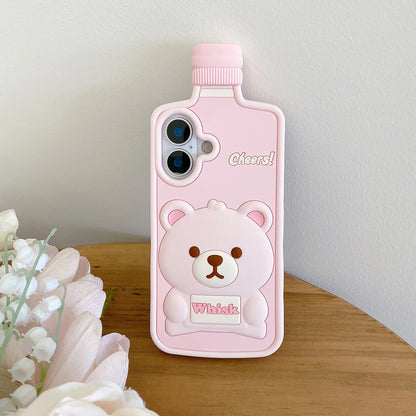 Kawaii 3D Cartoon Bear Wine Bottle Soft Silicone Phone Case For iPhone