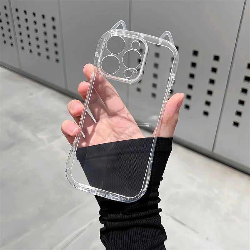 Cute Cat Ears Transparent Phone Case For iPhone Soft Clear Back Cover Shell
