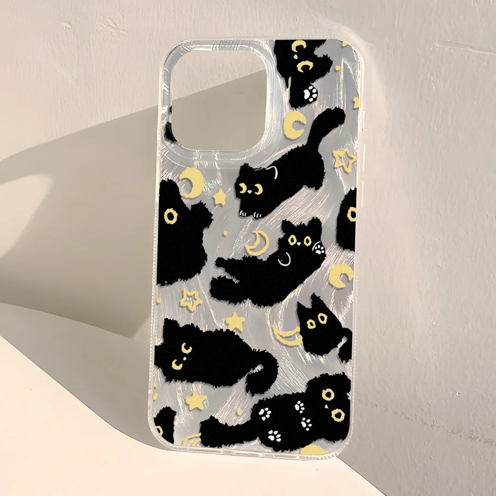 Laser Silver Black Cat iPhone Case With Feather-Texture Protection