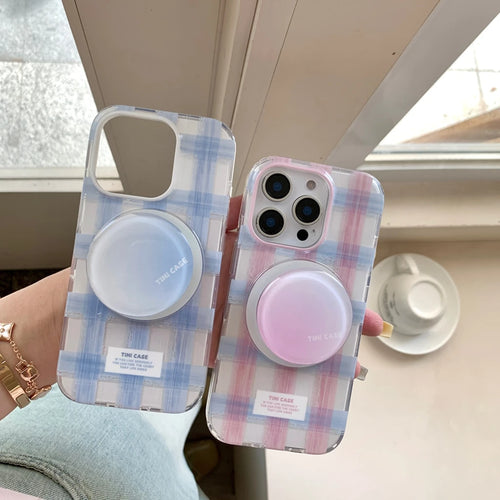 Fresh Simple Pink Blue Grid Pattern With Holder Magnetic Wireless Charging Phone Case