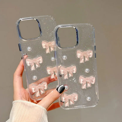 Korean Cute 3D Pink Bowknot Pearl Clear Phone Case For iPhone Shockproof Transparent Cover