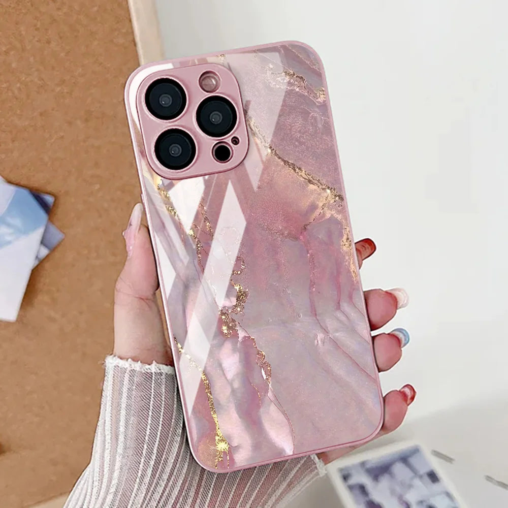 Elegant Marble Pattern iPhone Case With Tempered Glass Cover