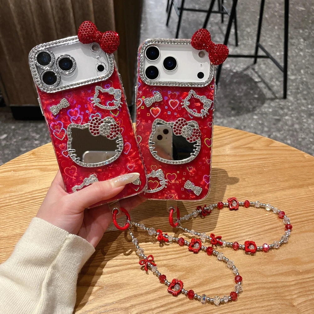 Sanrio Hello Kitty Bling Glitter Makeup Mirror Phone Case For iPhone 3D Cute Cartoon Hard Cover