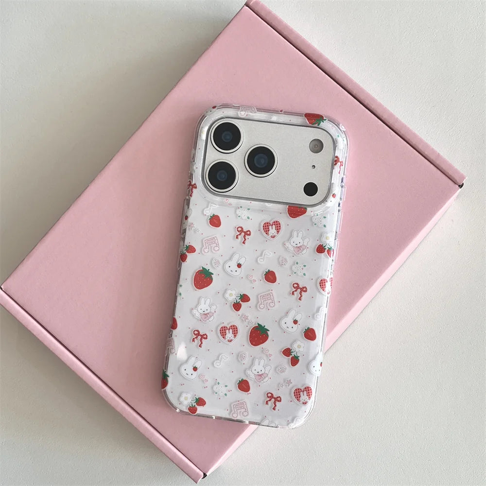 Cute Strawberry Rabbit Phone Case For iPhone Cover With Polka Dots Cartoon Shockproof Fundas With Hinge