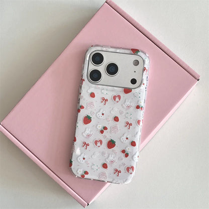 Cute Strawberry Rabbit Phone Case For iPhone Cover With Polka Dots Cartoon Shockproof Fundas With Hinge
