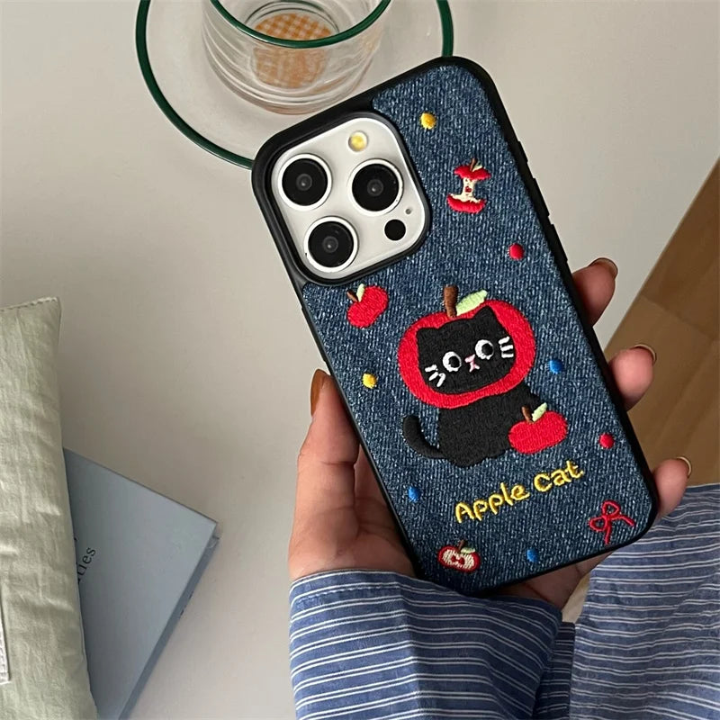 Embroidered Kitten Denim Phone Case