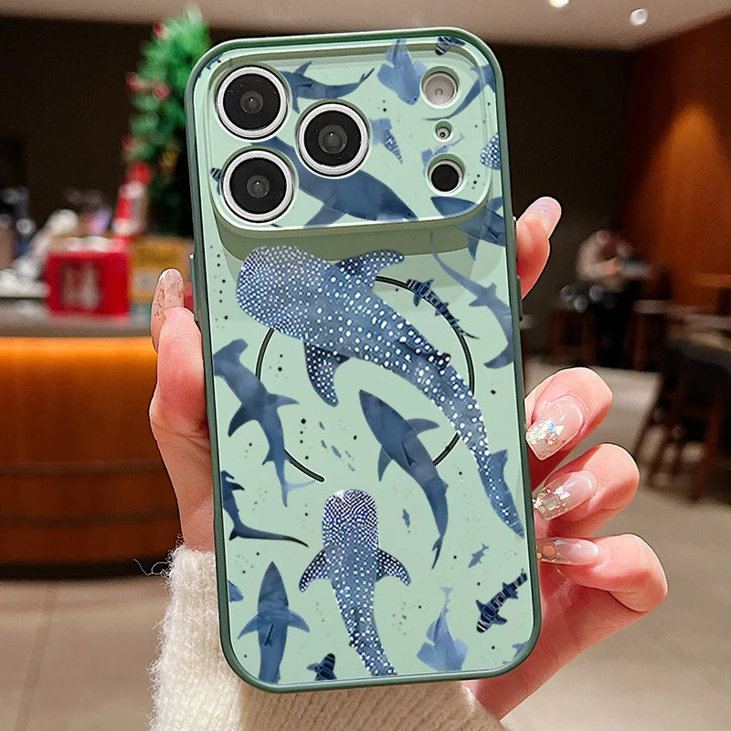 Whale Patterned Magnetic Case For iPhone For Magsafe Wireless Charge Shockproof Lens Protect Phone Cover