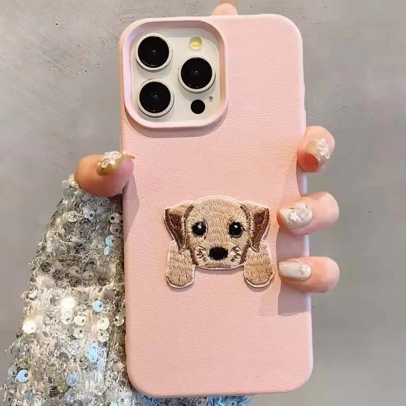 Cute Cartoon Embroidery Puppy Phone Case For iPhone