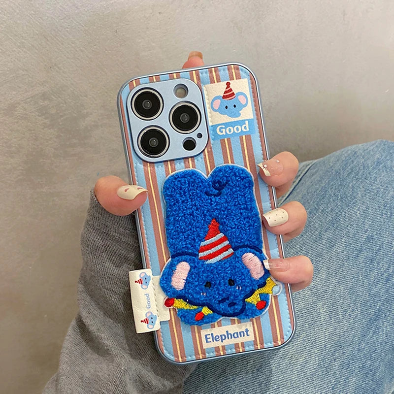 Cartoon Cute 3D Plush Elephant Puppy Drum Bag Leather Phone Case