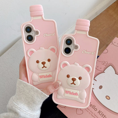 Kawaii 3D Cartoon Bear Wine Bottle Soft Silicone Phone Case For iPhone