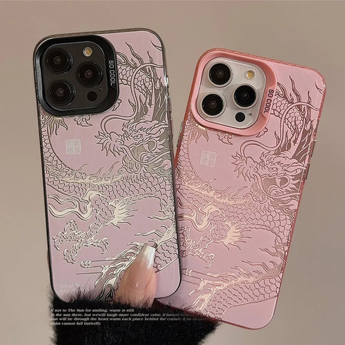 Luxury Dragon Embossed Phone Case For iPhone Pink Purple Green Black White Shockproof Phone Cover