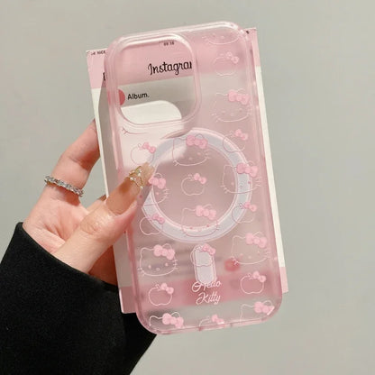 Cute Sanrio Hello Kitty Magnetic Magsafe Wireless Charge Phone Case For iPhone Mirror Grip Holder Cover