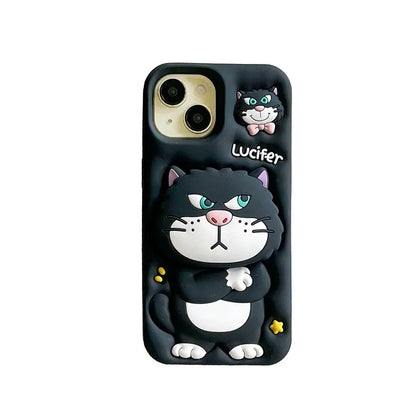 3D Cute Cartoon Cat Telescopic Bracket Soft Silicone Phone Case For iPhone