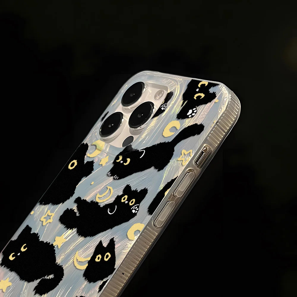 Laser Silver Black Cat iPhone Case With Feather-Texture Protection