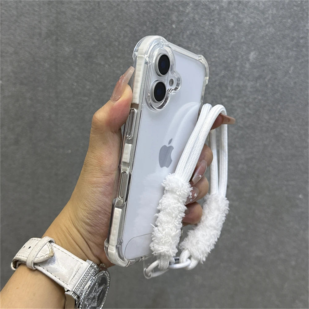 Hybrid Bumper Armor Transparent With Wrist Strap Case For iPhone Shockproof Air Bag Cover